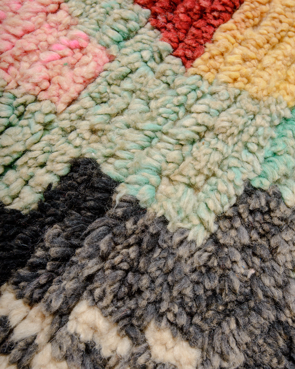 Modern, designer, handcrafted Berber rug from Morocco. Vintage carpet with beautiful colours and patterns and fluffy texture.